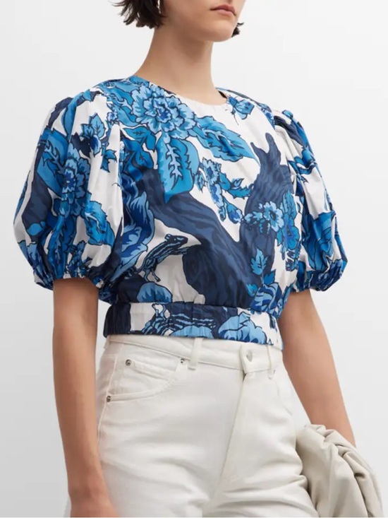 Figue Tops - Figue Shirt - blue/white floral “Olive Printed Puff-Sleeve Top”